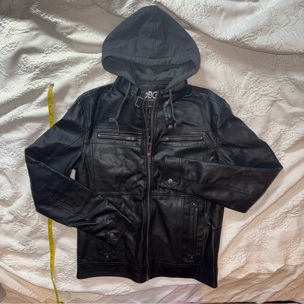 NEW Guess GBG Los Angeles Black Faux Leather Moto Jacket with Detachable Hood